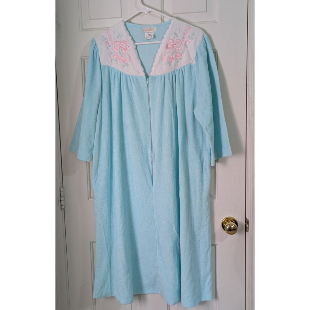 VTG Cachet Terry Cloth Robe Large Blue Green Embroidered Zip Pockets Grannycore